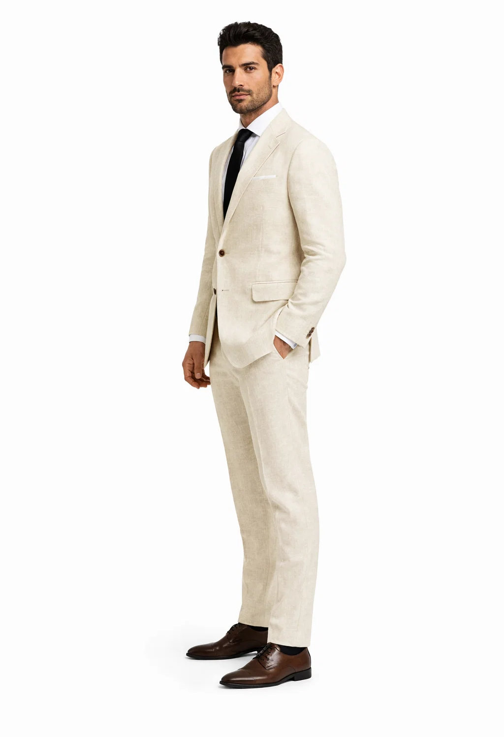 Alberto Nardoni Beige Two Button Notch Lapel Linen Suit - 38 Short Jacket+32 Waist Adjustable 28to34)(Height: 5 4 to5 7 )(Neck  15-16.5)S-M)