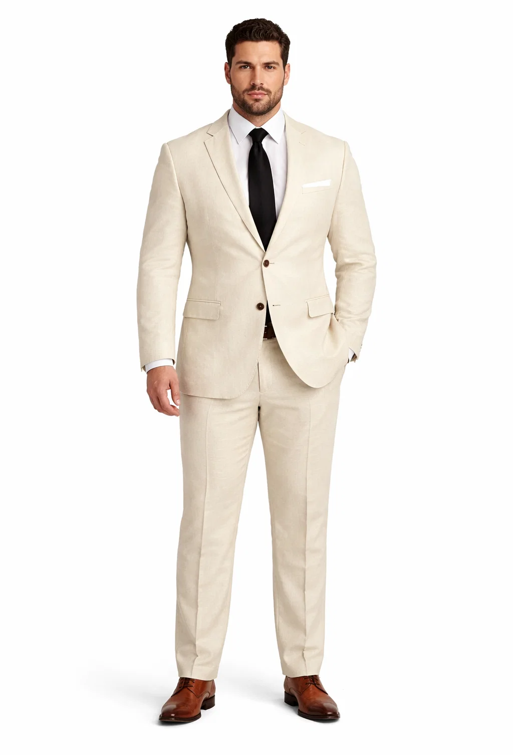 Alberto Nardoni Beige Two Button Notch Lapel Linen Suit - 38 Short Jacket+32 Waist Adjustable 28to34)(Height: 5 4 to5 7 )(Neck  15-16.5)S-M)