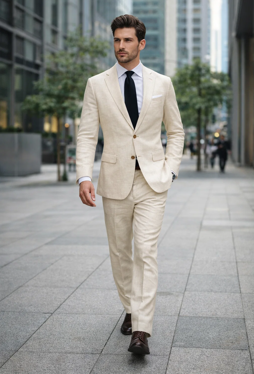 Alberto Nardoni Beige Two Button Notch Lapel Linen Suit - 38 Short Jacket+32 Waist Adjustable 28to34)(Height: 5 4 to5 7 )(Neck  15-16.5)S-M)