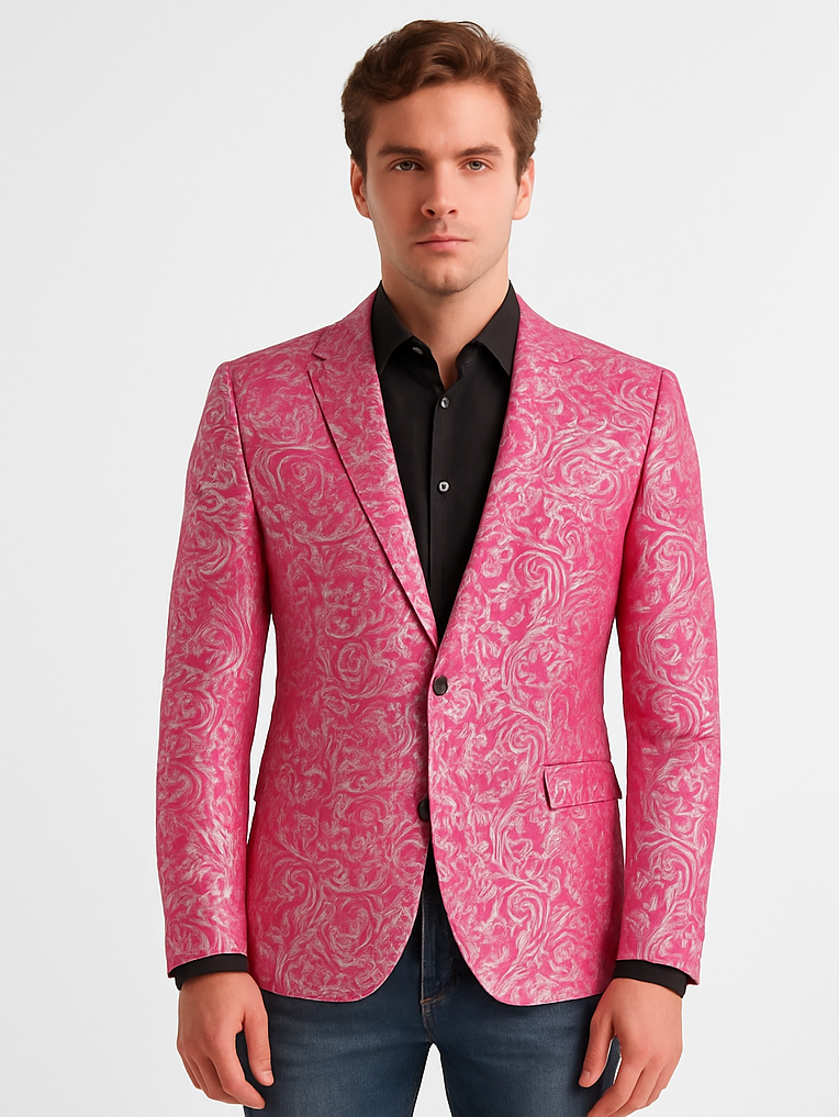 Alberto Nardoni Brand Fashion Men's shiny Fuchsia ~ black lapel blazer fashion pink sportcoat - S or Small