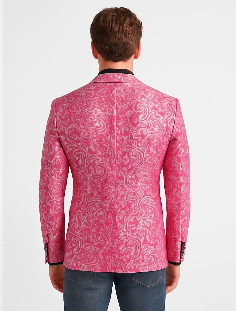 Alberto Nardoni Brand Fashion Men's shiny Fuchsia ~ black lapel blazer fashion pink sportcoat - S or Small