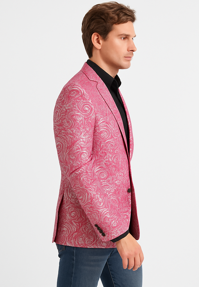 Alberto Nardoni Brand Fashion Men's shiny Fuchsia ~ black lapel blazer fashion pink sportcoat - S or Small