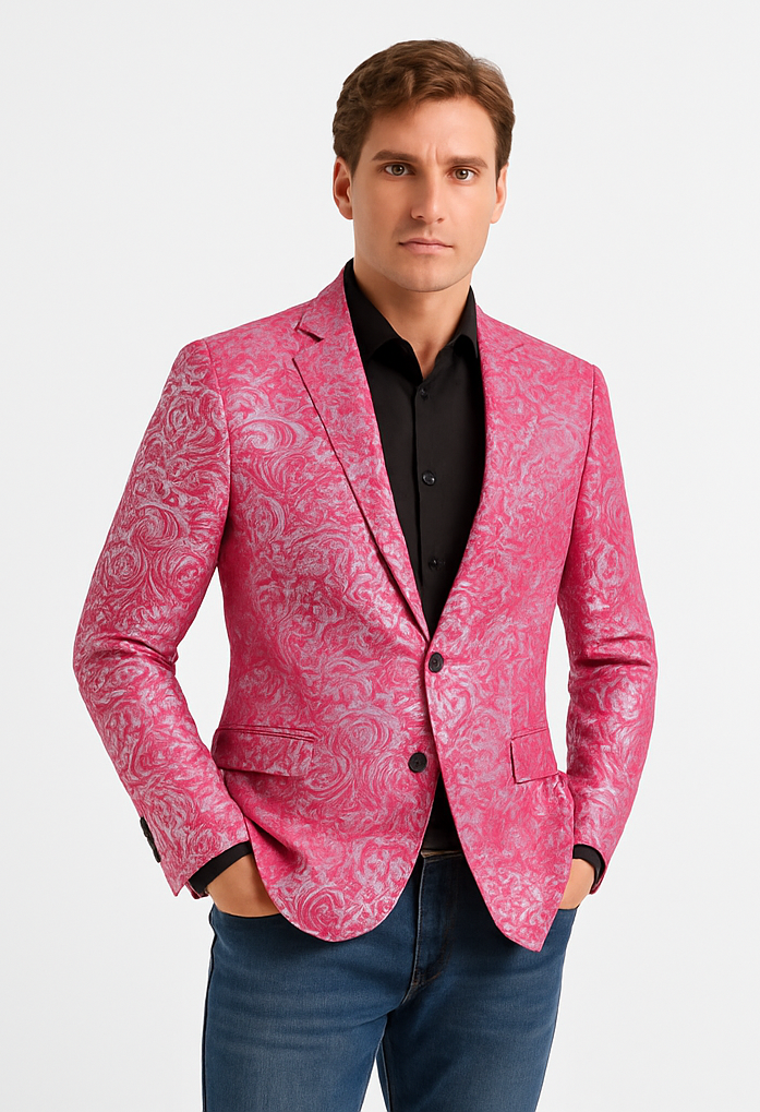 Alberto Nardoni Brand Fashion Men's shiny Fuchsia ~ black lapel blazer fashion pink sportcoat - S or Small