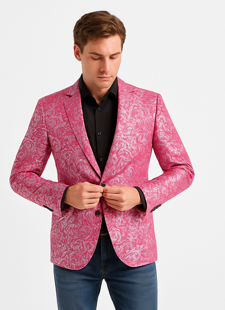 Alberto Nardoni Brand Fashion Men's shiny Fuchsia ~ black lapel blazer fashion pink sportcoat - S or Small