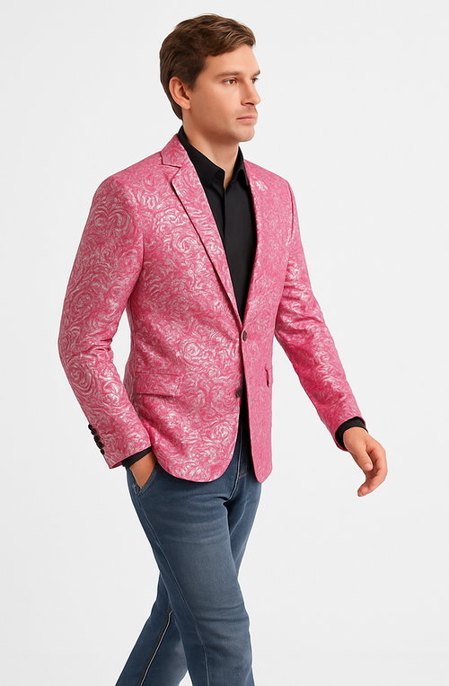 Alberto Nardoni Brand Fashion Men's shiny Fuchsia ~ black lapel blazer fashion pink sportcoat