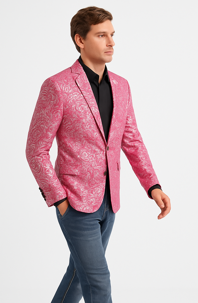 Alberto Nardoni Brand Fashion Men's shiny Fuchsia ~ black lapel blazer fashion pink sportcoat - S or Small