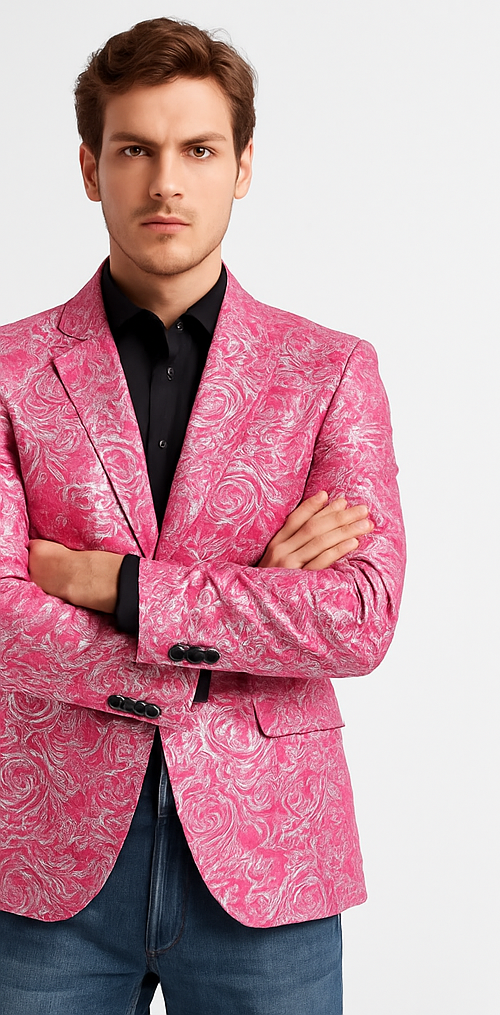 Alberto Nardoni Brand Fashion Men's shiny Fuchsia ~ black lapel blazer fashion pink sportcoat - S or Small