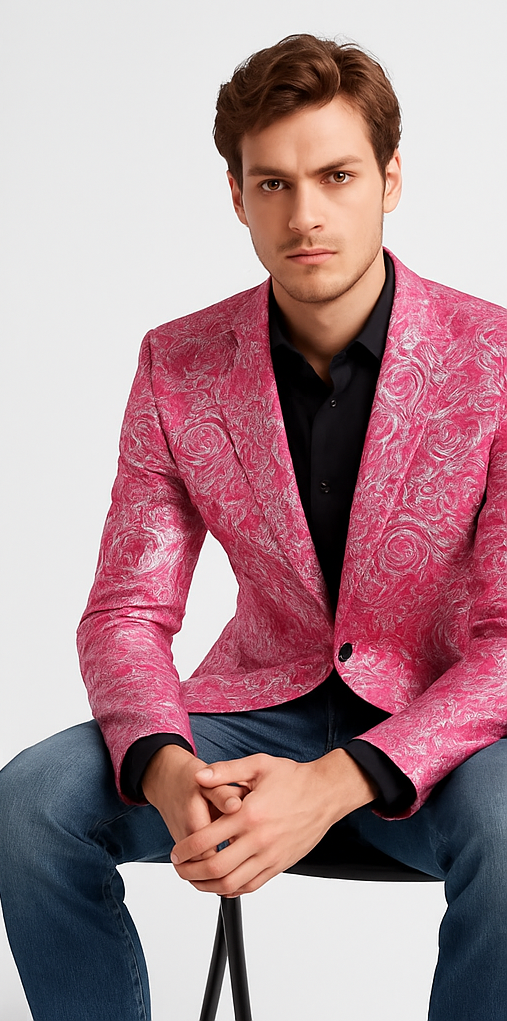 Alberto Nardoni Brand Fashion Men's shiny Fuchsia ~ black lapel blazer fashion pink sportcoat - S or Small