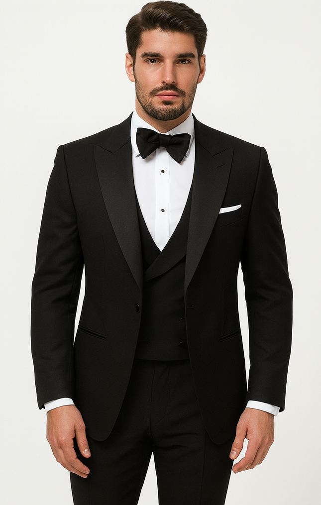 Alberto nardoni Peak lapel super 150s wool tuxedo with double breasted vest flat front pants 1 button style