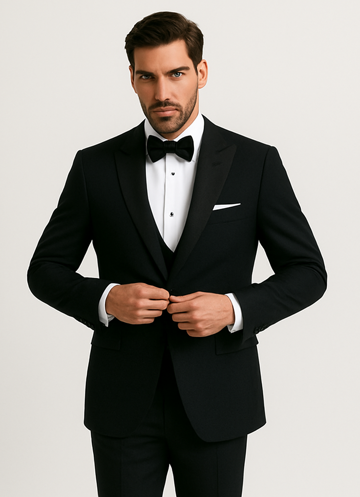 Alberto nardoni Peak lapel super 150s wool tuxedo with double breasted vest flat front pants 1 button style - 38 Short Jacket+32 Waist Adjustable 28to34)(Height: 5’4”to5’7”)(Neck 15-16.5)S-M)