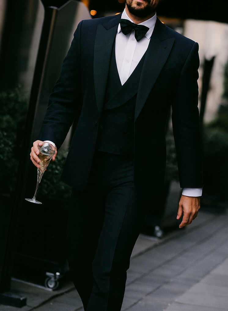 Alberto nardoni Peak lapel super 150s wool tuxedo with double breasted vest flat front pants 1 button style - 38 Short Jacket+32 Waist Adjustable 28to34)(Height: 5’4”to5’7”)(Neck 15-16.5)S-M)
