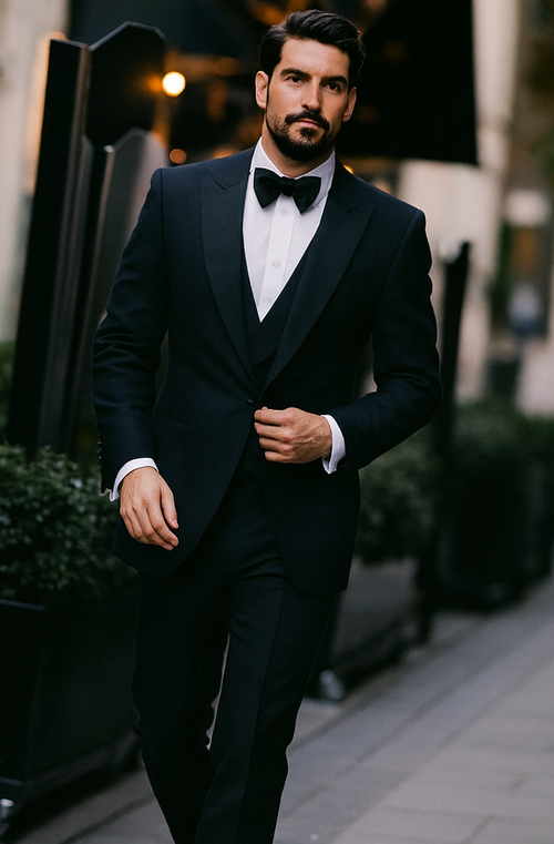 Alberto nardoni Peak lapel super 150s wool tuxedo with double breasted vest flat front pants 1 button style