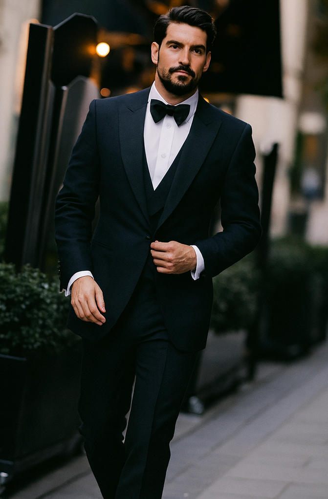 Alberto nardoni Peak lapel super 150s wool tuxedo with double breasted vest flat front pants 1 button style - 38 Short Jacket+32 Waist Adjustable 28to34)(Height: 5’4”to5’7”)(Neck 15-16.5)S-M)