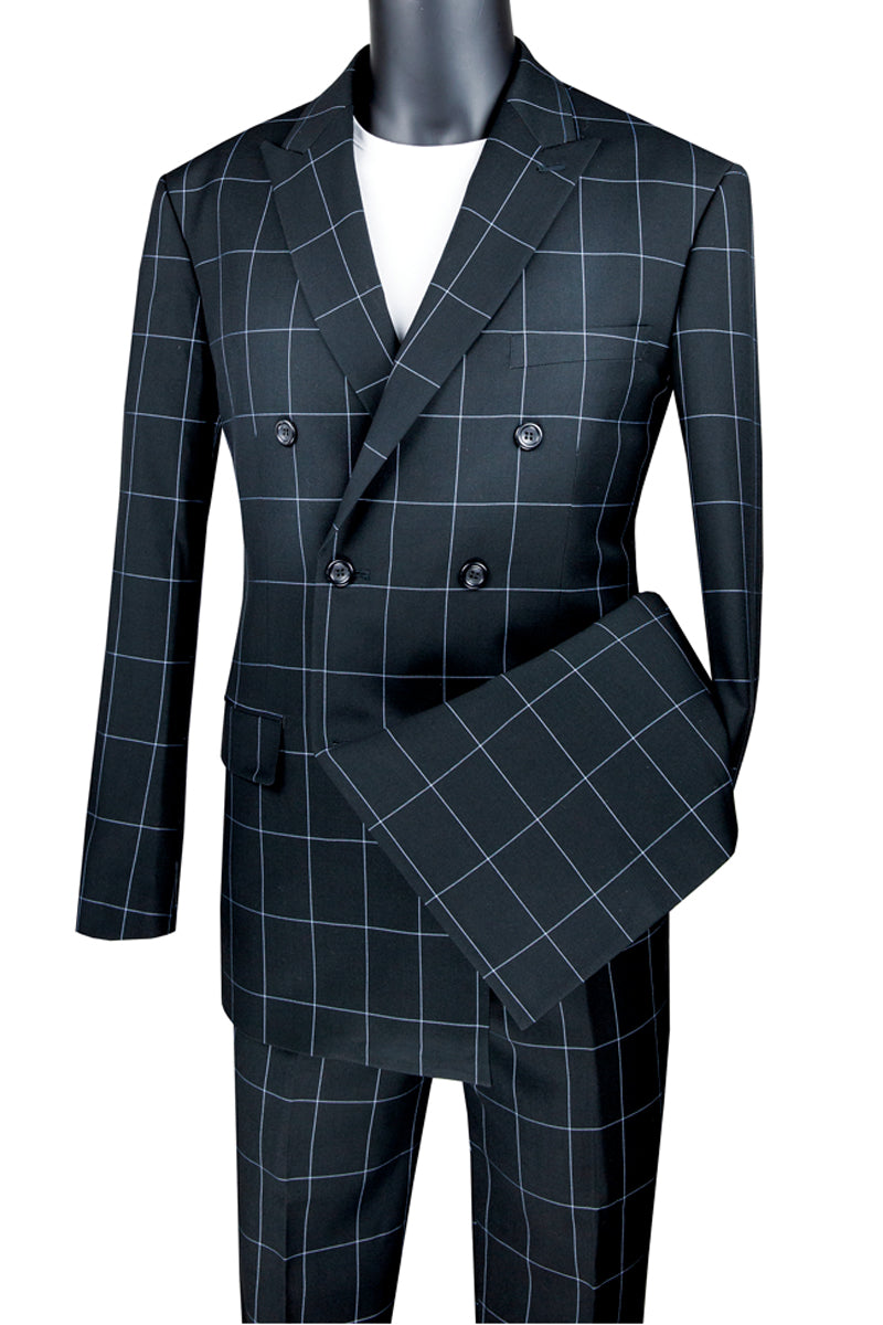 Mens Double Breasted Bold Windowpane Suit in Black - 36 Short