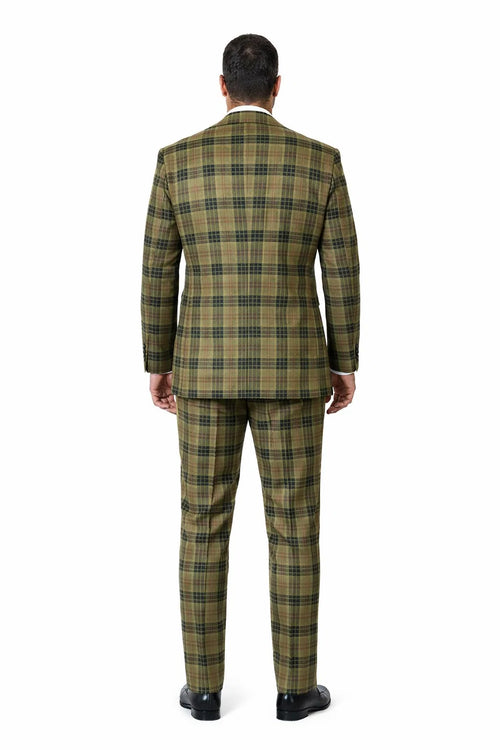 Statement Mens 3-Piece Plaid Wool Suit 100% Wool Modern Fit with Wide Peak Lapel