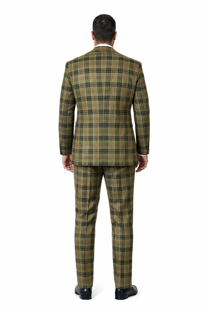 Statement Mens 3-Piece Plaid Wool Suit 100% Wool Modern Fit with Wide Peak Lapel