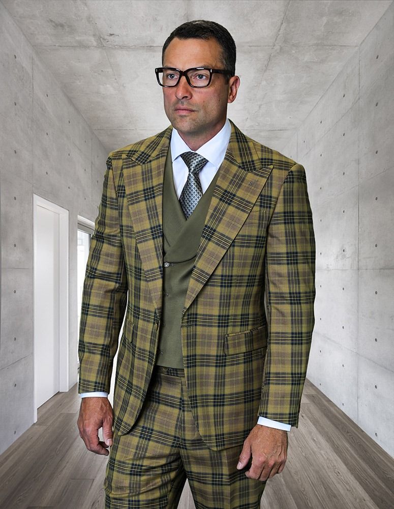 Statement Mens 3-Piece Plaid Wool Suit 100% Wool Modern Fit with Wide Peak Lapel