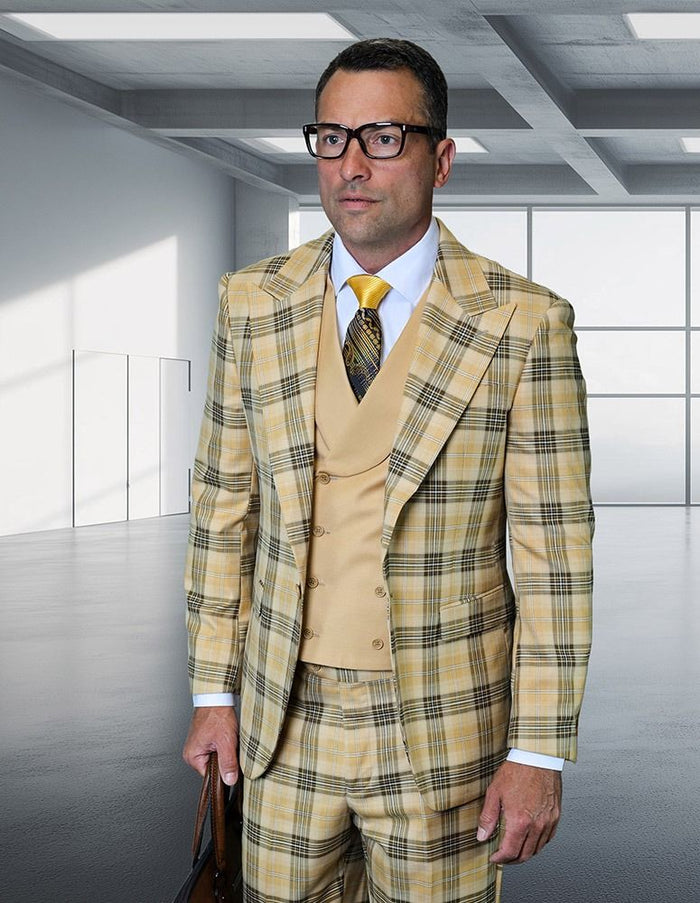 Statement Mens 3-Piece Plaid Wool Suit 100% Wool Modern Fit with Wide Peak Lapel