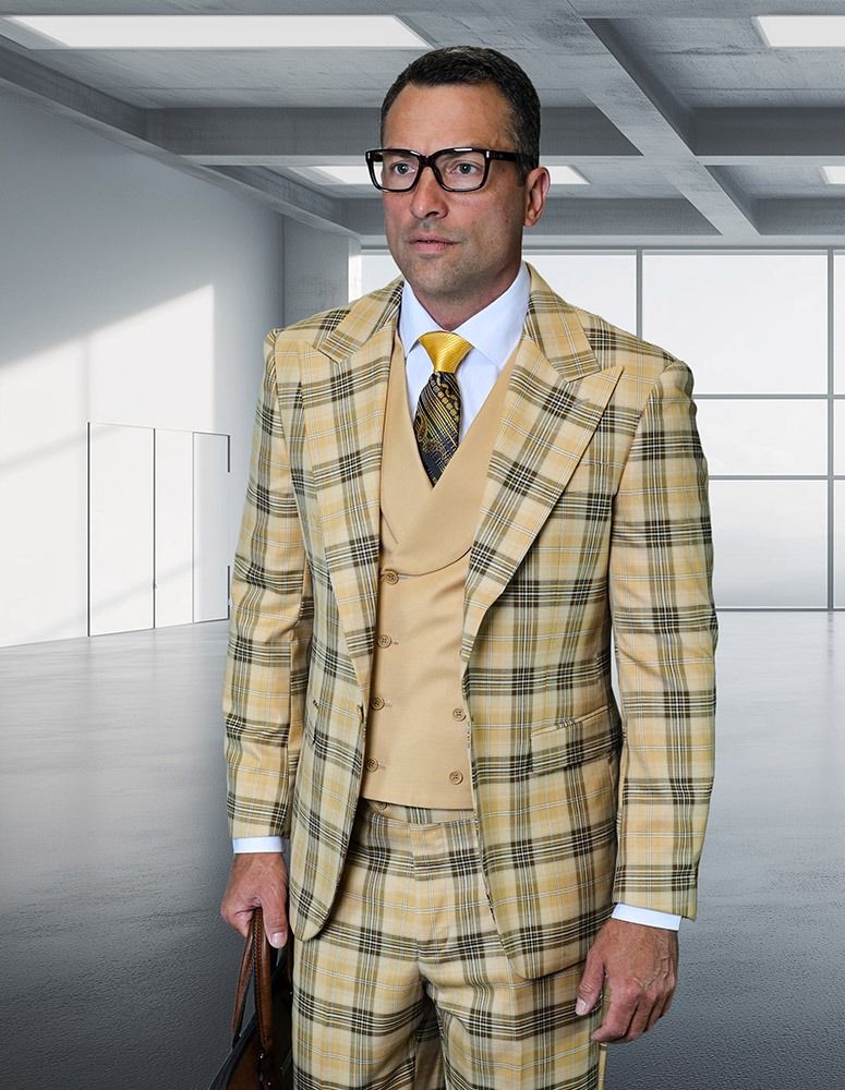 Statement Mens 3-Piece Plaid Wool Suit 100% Wool Modern Fit with Wide Peak Lapel