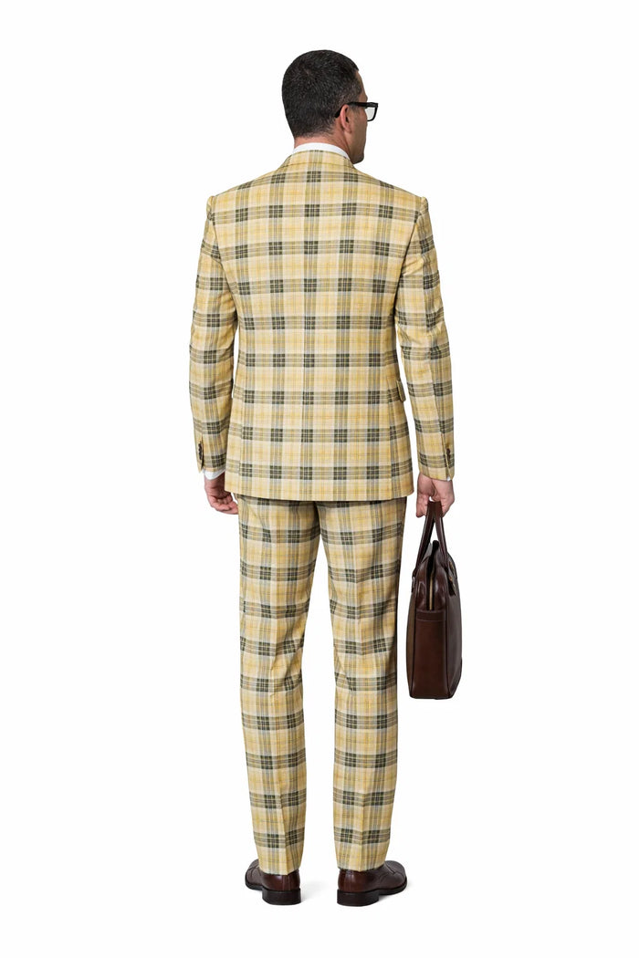 Statement Mens 3-Piece Plaid Wool Suit 100% Wool Modern Fit with Wide Peak Lapel