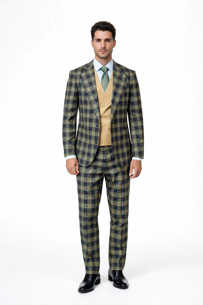 Statement Mens 3-Piece Plaid Wool Suit 100% Wool Modern Fit with Wide Peak Lapel