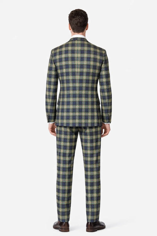 Statement Mens 3-Piece Plaid Wool Suit 100% Wool Modern Fit with Wide Peak Lapel