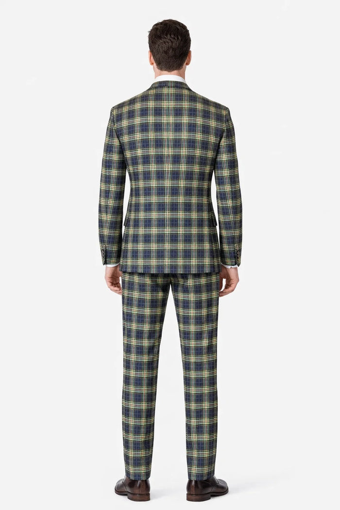 Statement Mens 3-Piece Plaid Wool Suit 100% Wool Modern Fit with Wide Peak Lapel