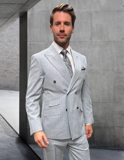 Statement Mens 2-Piece 100% Wool Double Breasted Pinstripe Suit