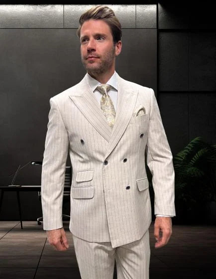 Statement Men’s 2-Piece 100% Wool Double Breasted Pinstripe Suit - 38 Short Jacket+32 Waist Adjustable 28to34)(Height: 5 4 to5 7 )(Neck  15-16.5)S-M)