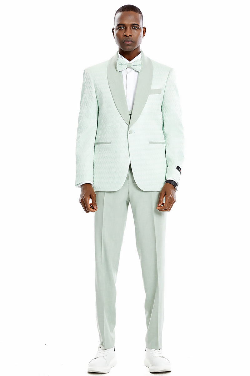 "Mint Green Men's Wedding Tuxedo - One Button Vested Honeycomb Lace Design"