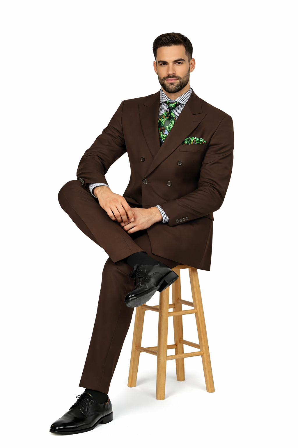 Apollo King Men's 2pc Double Breasted Suit Wide Peak Lapel with Slim Fit Cut - 38 Short Jacket+32 Waist Adjustable 28to34)(Height: 5 4 to5 7 )(Neck  15-16.5)S-M)