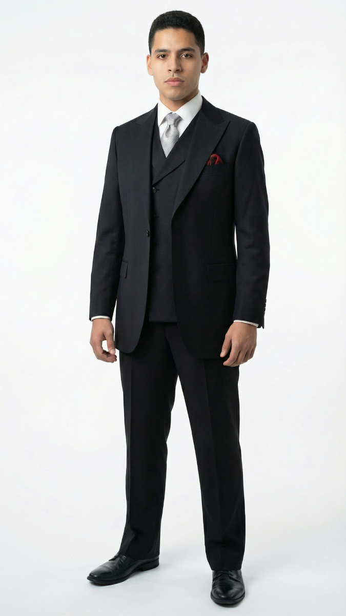 Apollo King Mens 3 Piece 100% Super 150s Wool Suit – Wide Peak Lapel, Double Breasted Vest