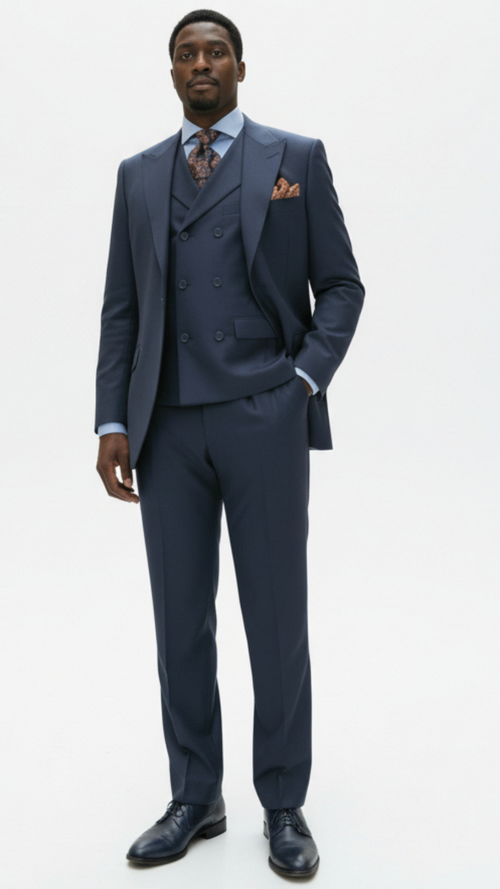 Apollo King Mens 3 Piece 100% Super 150s Wool Suit – Wide Peak Lapel, Double Breasted Vest