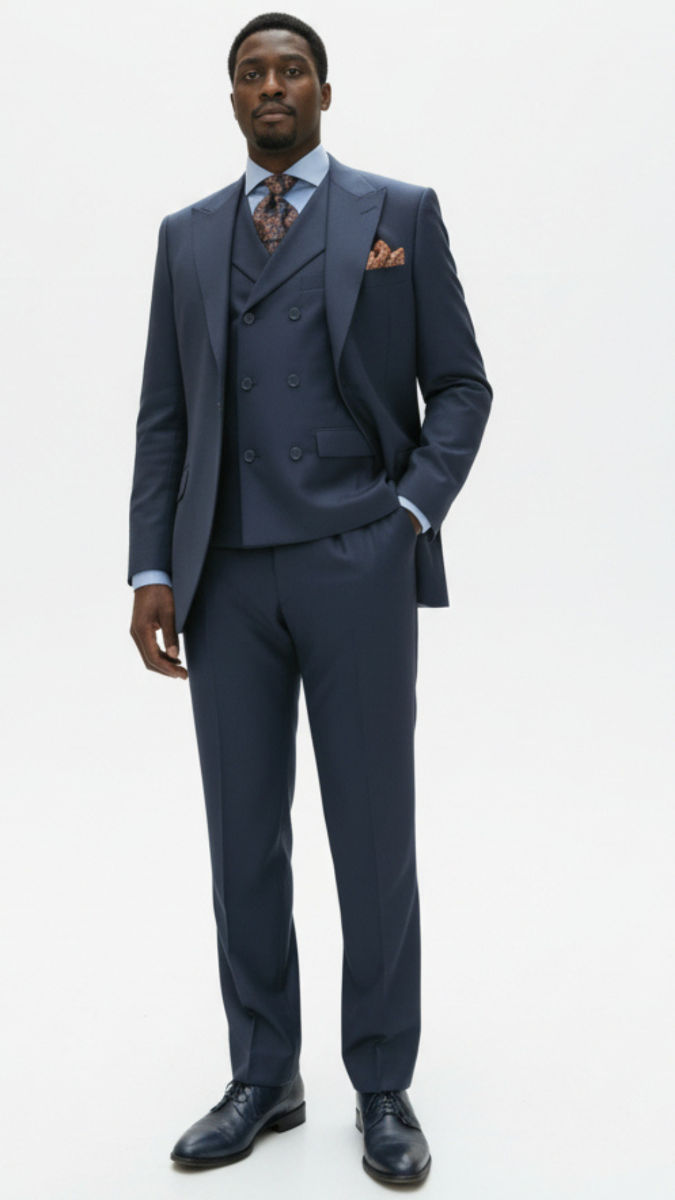 Apollo King Mens 3 Piece 100% Super 150s Wool Suit – Wide Peak Lapel, Double Breasted Vest - 34 Short or Extra Small