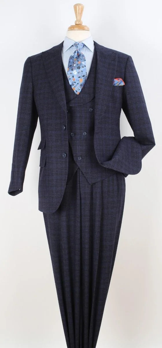 Apollo King Mens 3 Piece 100% Wool Suit – Fashion V-Taper Double Breasted Vest, Peak Lapel Jacket - 34 Short or Extra Small