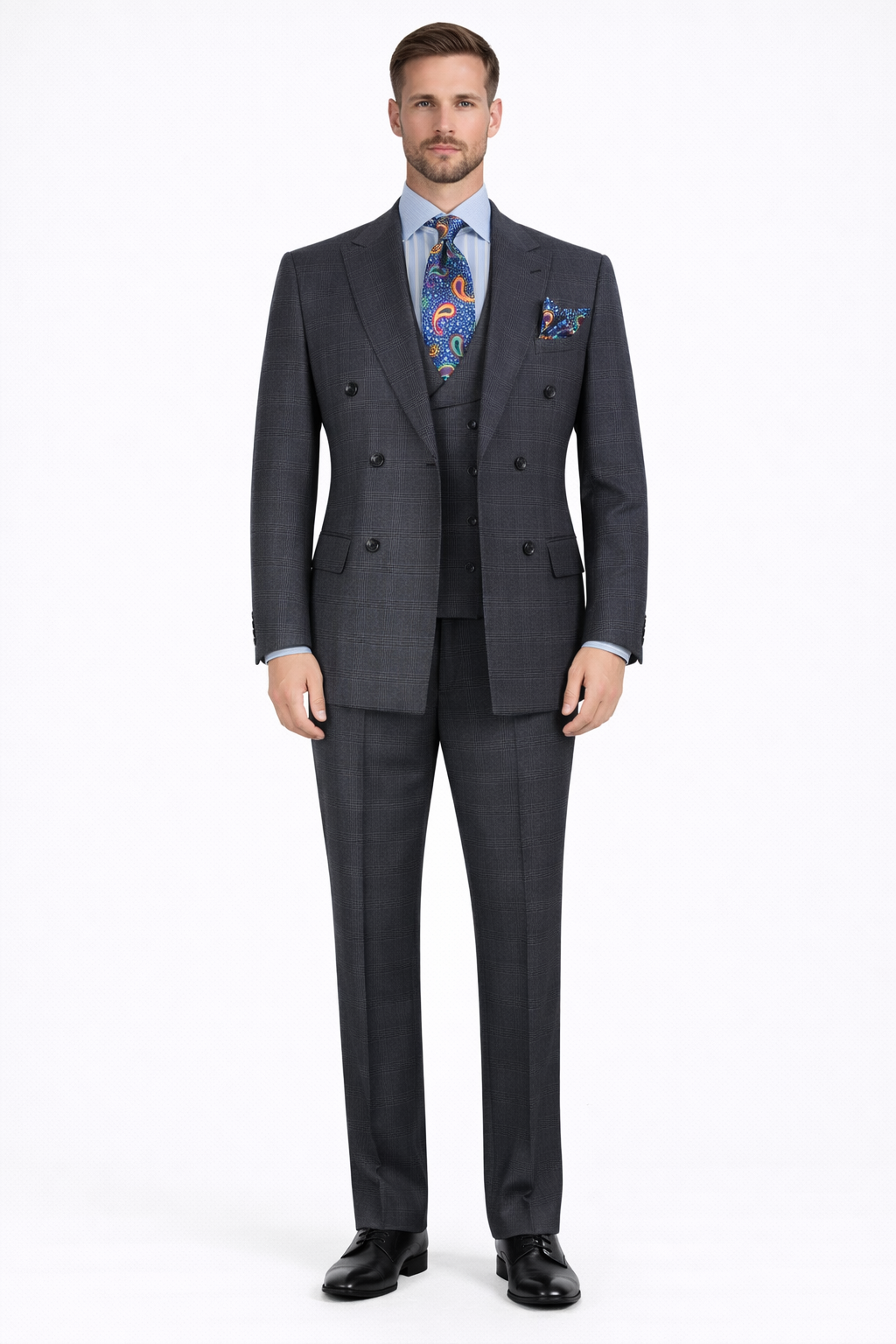 Apollo King Men's Outlet 3 Piece 100% Wool Suit Fashion Windowpane-New Designer Collection - 40L