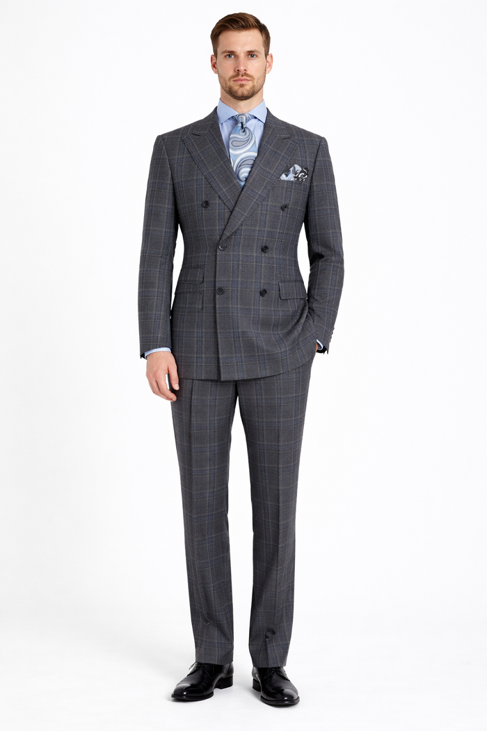 Apollo King Men's Outlet 3 Piece 100% Wool Suit Fashion Windowpane-New Designer Collection