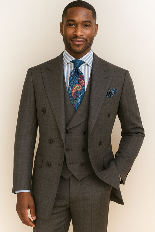 Double Breasted Suits - Vested Suits Wool Fabric - Apolo King Brand - Gray Plaid Suit - New Arrival