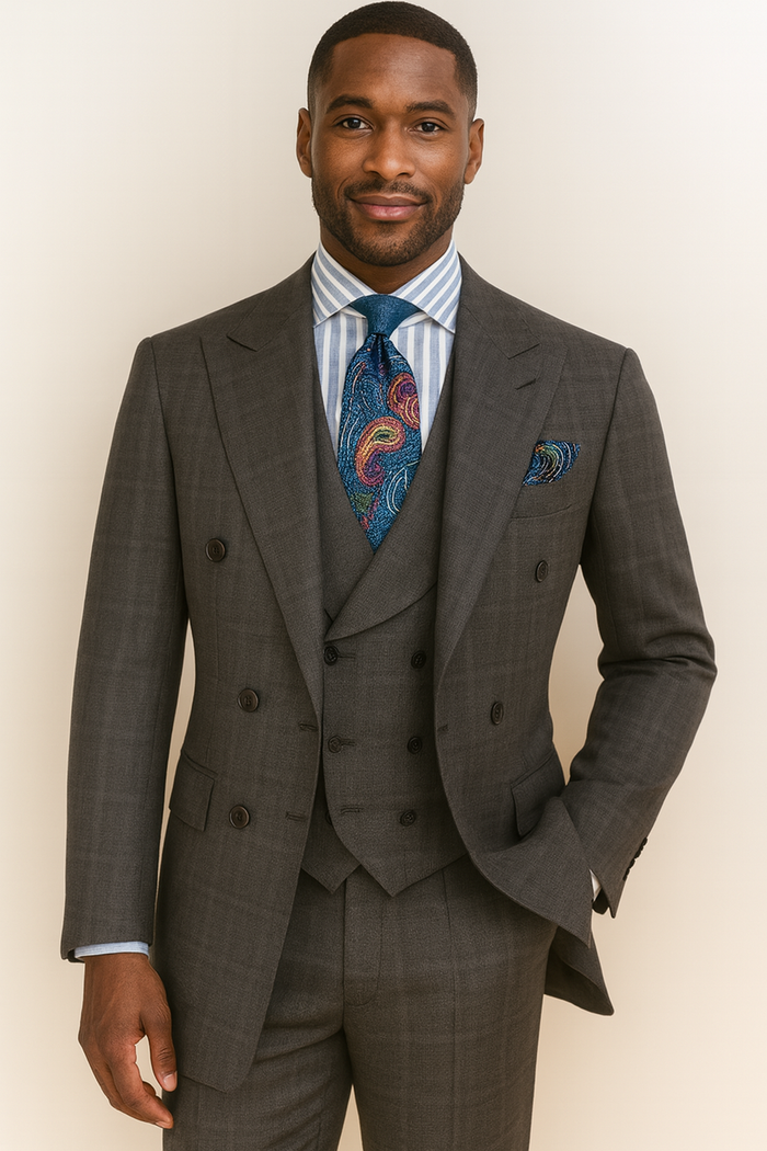 Double Breasted Suits - Vested Suits Wool Fabric - Apolo King Brand - Gray Plaid Suit - New Arrival