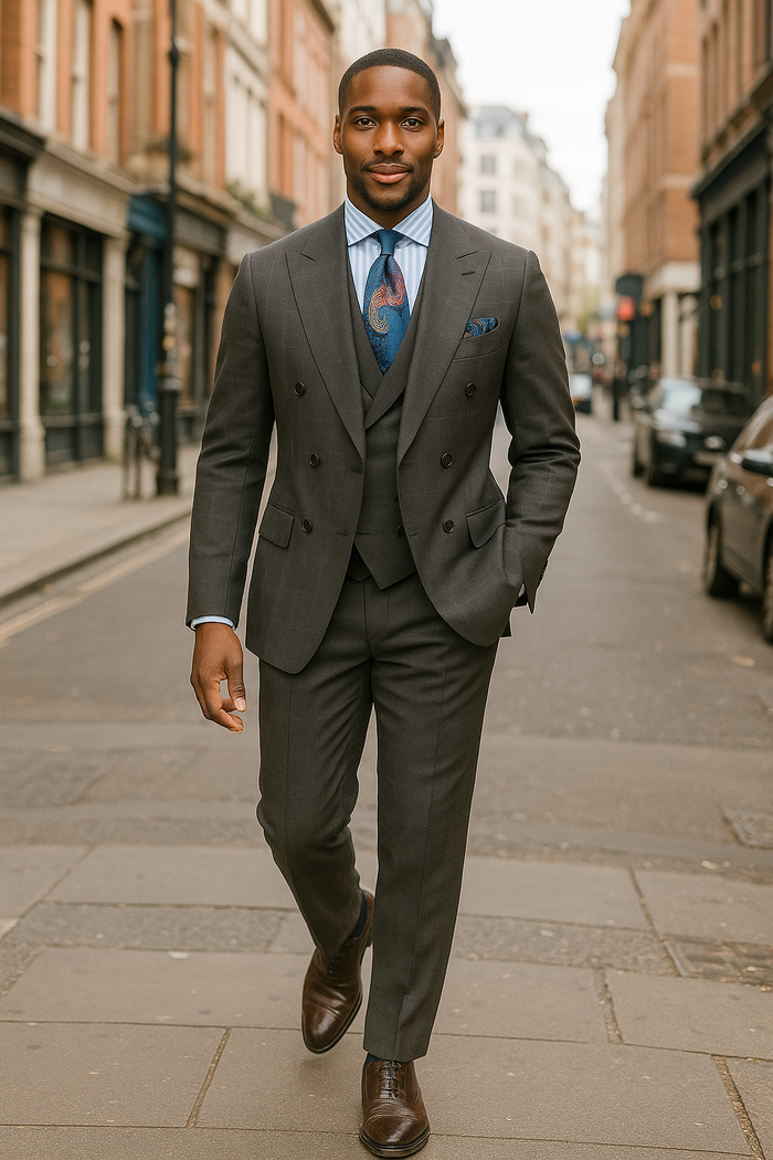 Double Breasted Suits - Vested Suits Wool Fabric - Apolo King Brand - Gray Plaid Suit - New Arrival