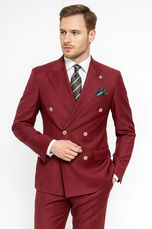 Mens Double breasted Suit - "Burgundy" 1920s 1980s Style Peak Lapel Suits -  Back Side Vented  Mens Designer Modern Fit Double Breasted Wool Feel - Designer Brand Gold Buttons in Light Burgundy