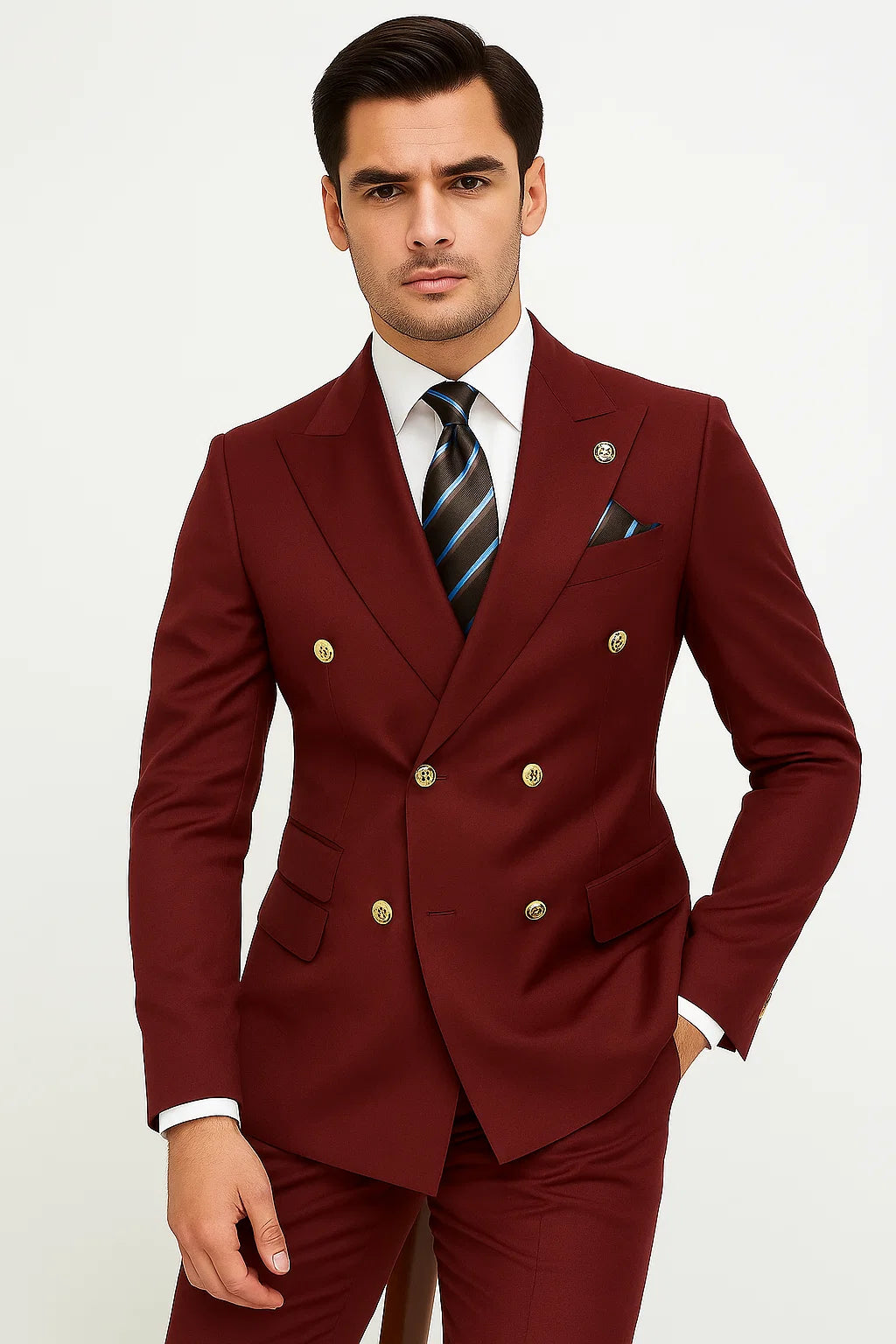 Mens Double breasted Suit - "Burgundy" 1920s 1980s Style Peak Lapel Suits -  Back Side Vented  Mens Designer Modern Fit Double Breasted Wool Feel - Designer Brand Gold Buttons in Light Burgundy - 36 Regular