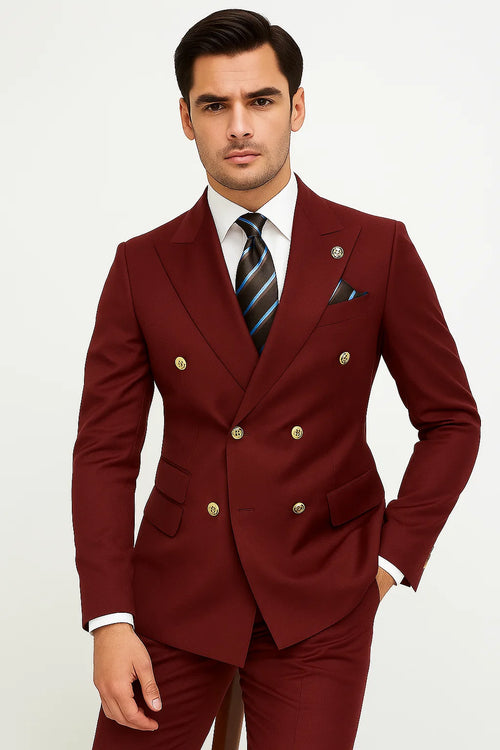 Mens Double breasted Suit - "Burgundy" 1920s 1980s Style Peak Lapel Suits -Â  Back Side VentedÂ  Mens Designer Modern Fit Double Breasted Wool Feel - Designer Brand Gold Buttons in Light Burgundy