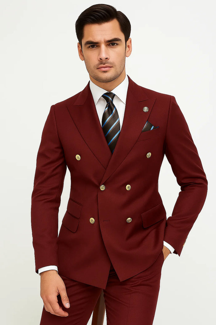 Mens Double breasted Suit - "Burgundy" 1920s 1980s Style Peak Lapel Suits -Â  Back Side VentedÂ  Mens Designer Modern Fit Double Breasted Wool Feel - Designer Brand Gold Buttons in Light Burgundy