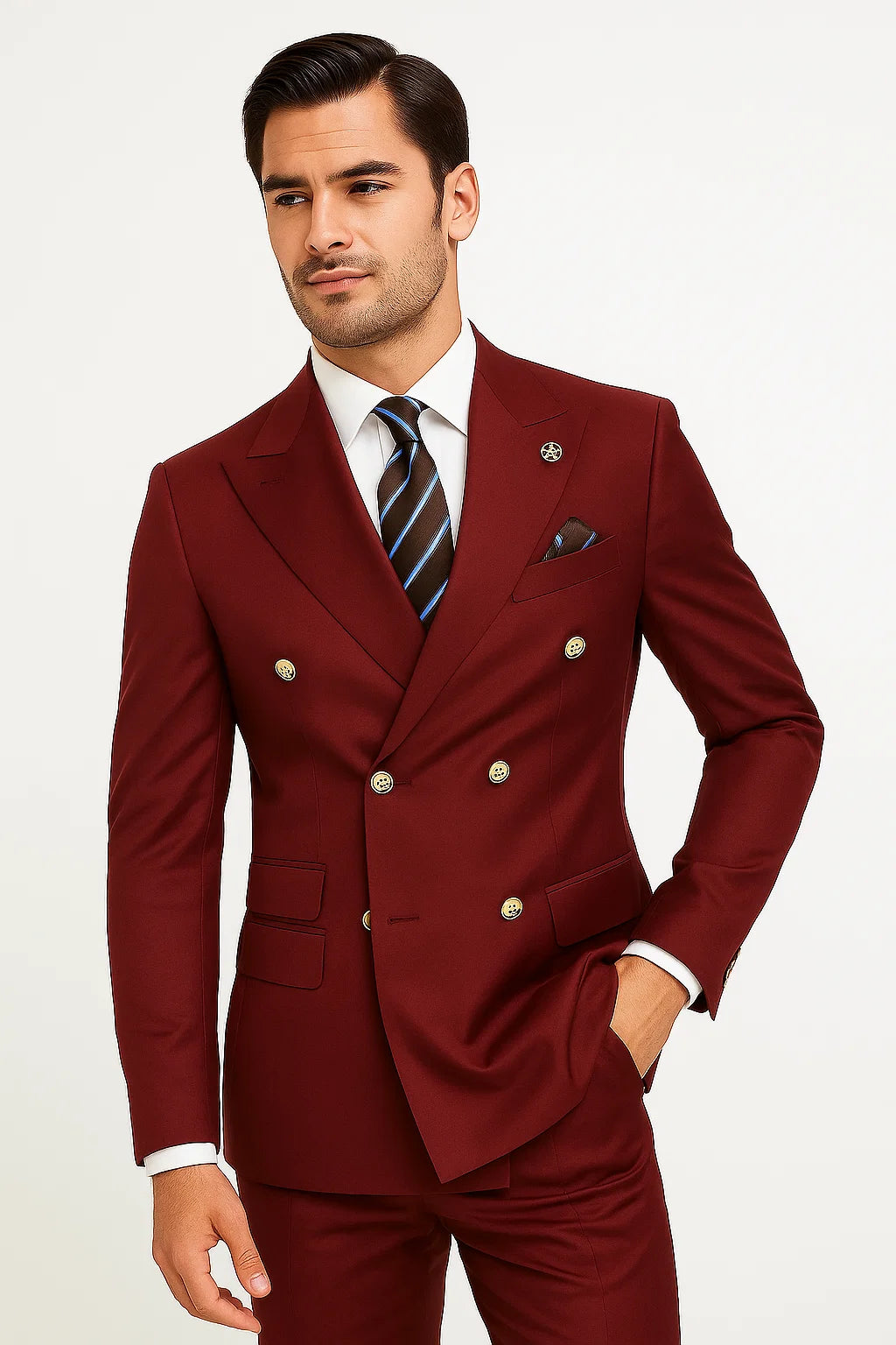 Mens Double breasted Suit - "Burgundy" 1920s 1980s Style Peak Lapel Suits -  Back Side Vented  Mens Designer Modern Fit Double Breasted Wool Feel - Designer Brand Gold Buttons in Light Burgundy - 36 Regular