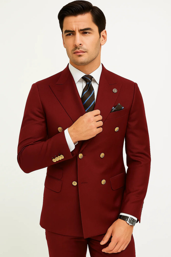 Mens Double breasted Suit - "Burgundy" 1920s 1980s Style Peak Lapel Suits -Â  Back Side VentedÂ  Mens Designer Modern Fit Double Breasted Wool Feel - Designer Brand Gold Buttons in Light Burgundy