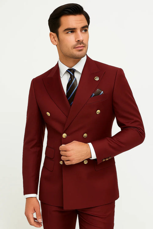 Mens Double breasted Suit - "Burgundy" 1920s 1980s Style Peak Lapel Suits -Â  Back Side VentedÂ  Mens Designer Modern Fit Double Breasted Wool Feel - Designer Brand Gold Buttons in Light Burgundy