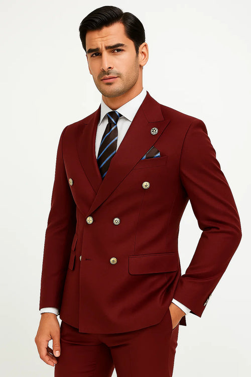 Mens Double breasted Suit - "Burgundy" 1920s 1980s Style Peak Lapel Suits -Â  Back Side VentedÂ  Mens Designer Modern Fit Double Breasted Wool Feel - Designer Brand Gold Buttons in Light Burgundy