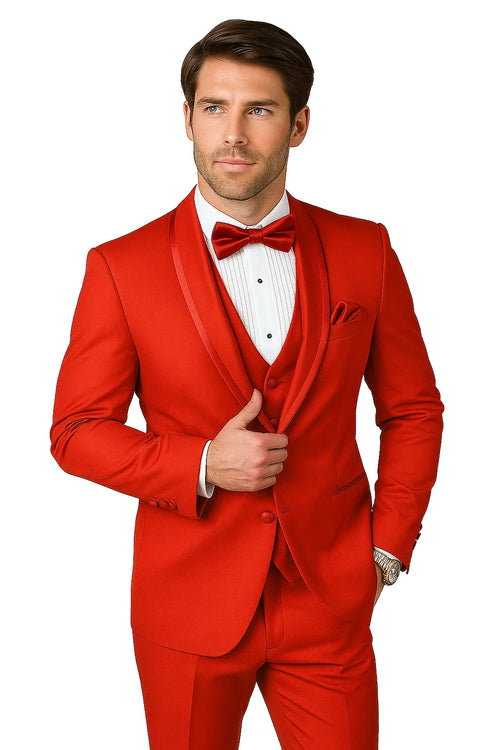 Caesar Red 1-Button Shawl Four Piece Set Tuxedo