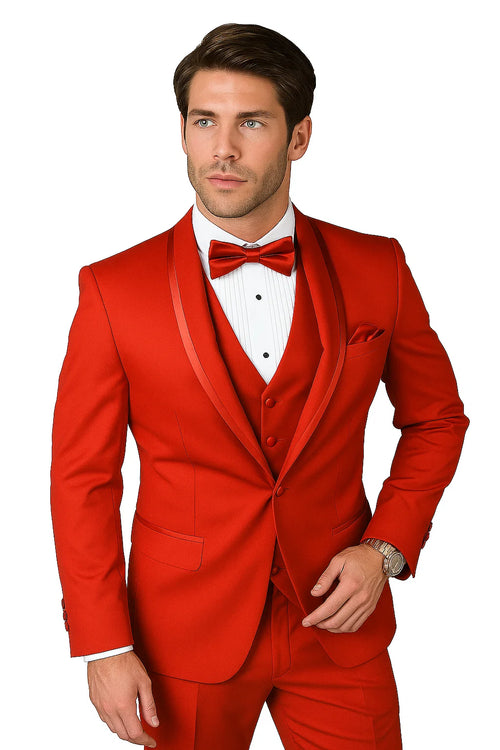 Caesar Red 1-Button Shawl Four Piece Set Tuxedo